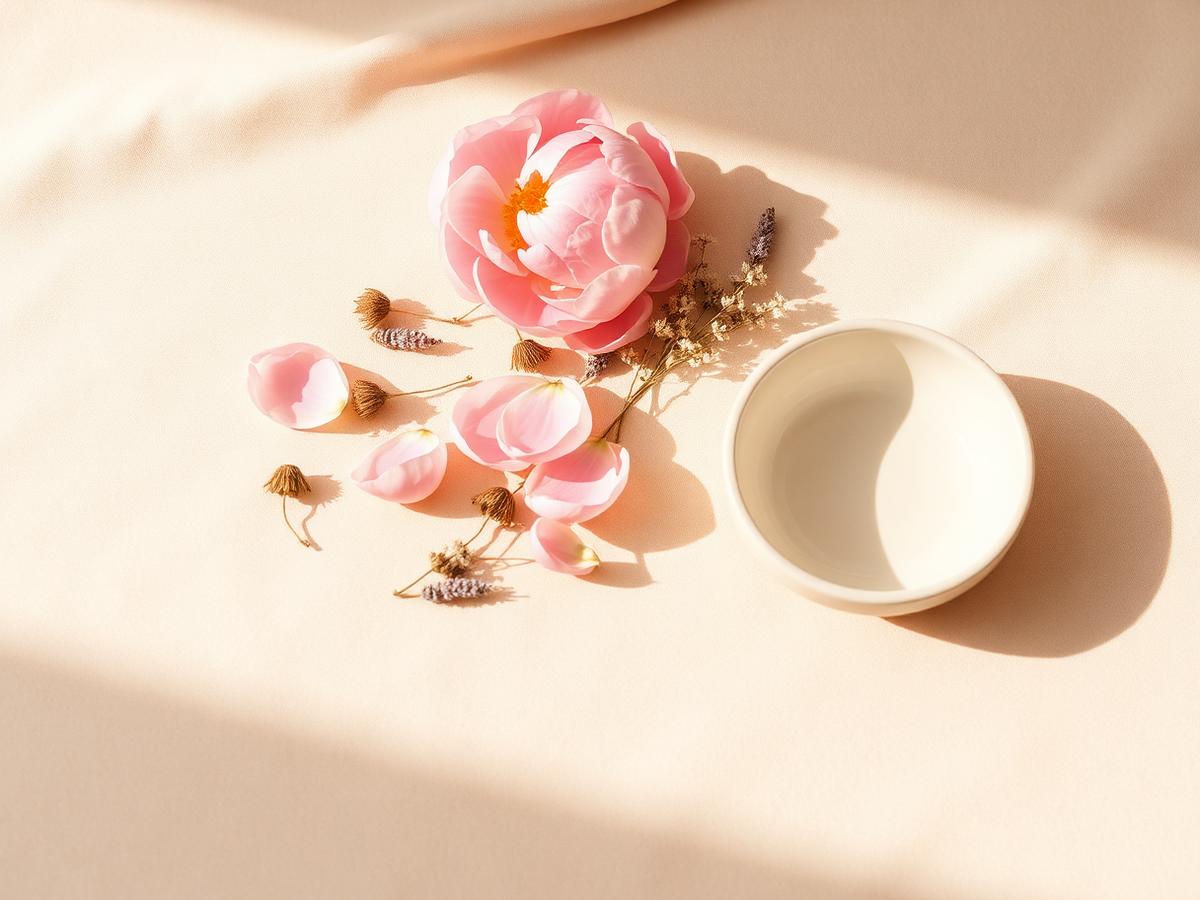 Pink peony, dried flowers and a ceramic bowl in soft morning light