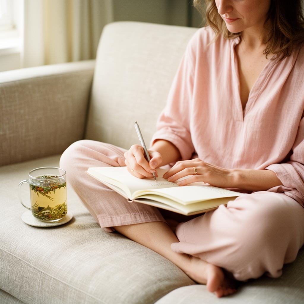 A mother journaling on a sofa, herbal tea beside her
