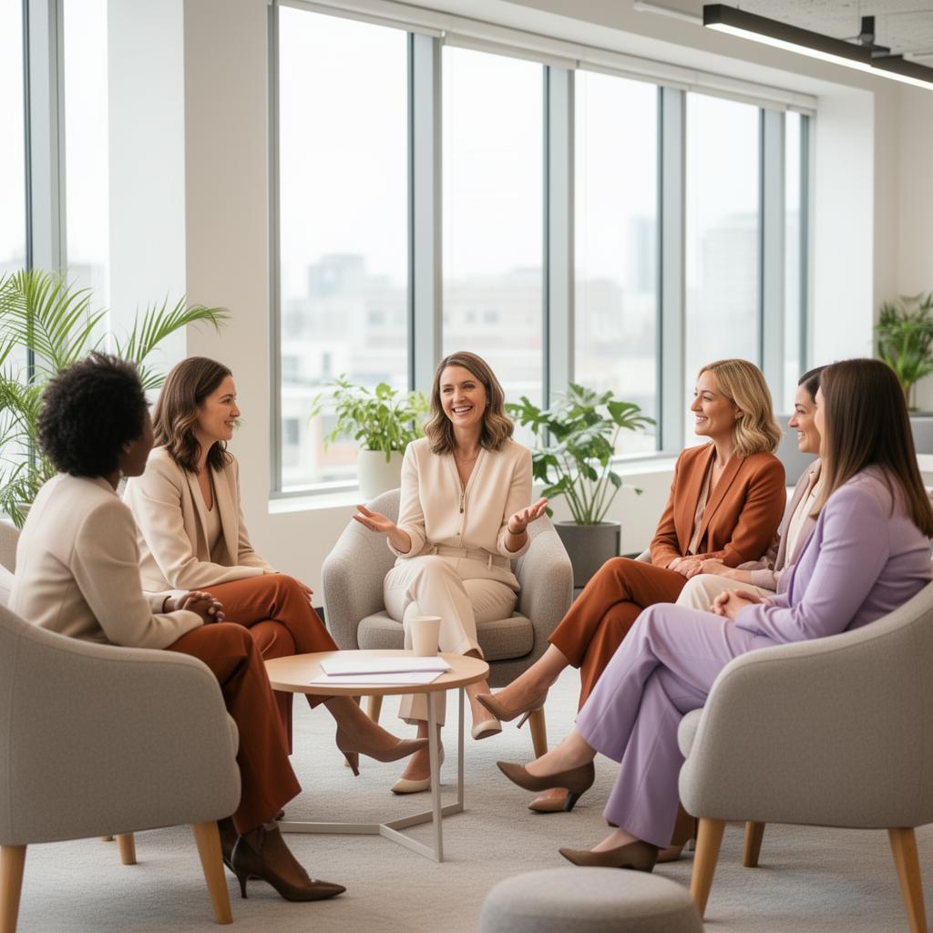 A diverse group of professional women in a workshop setting